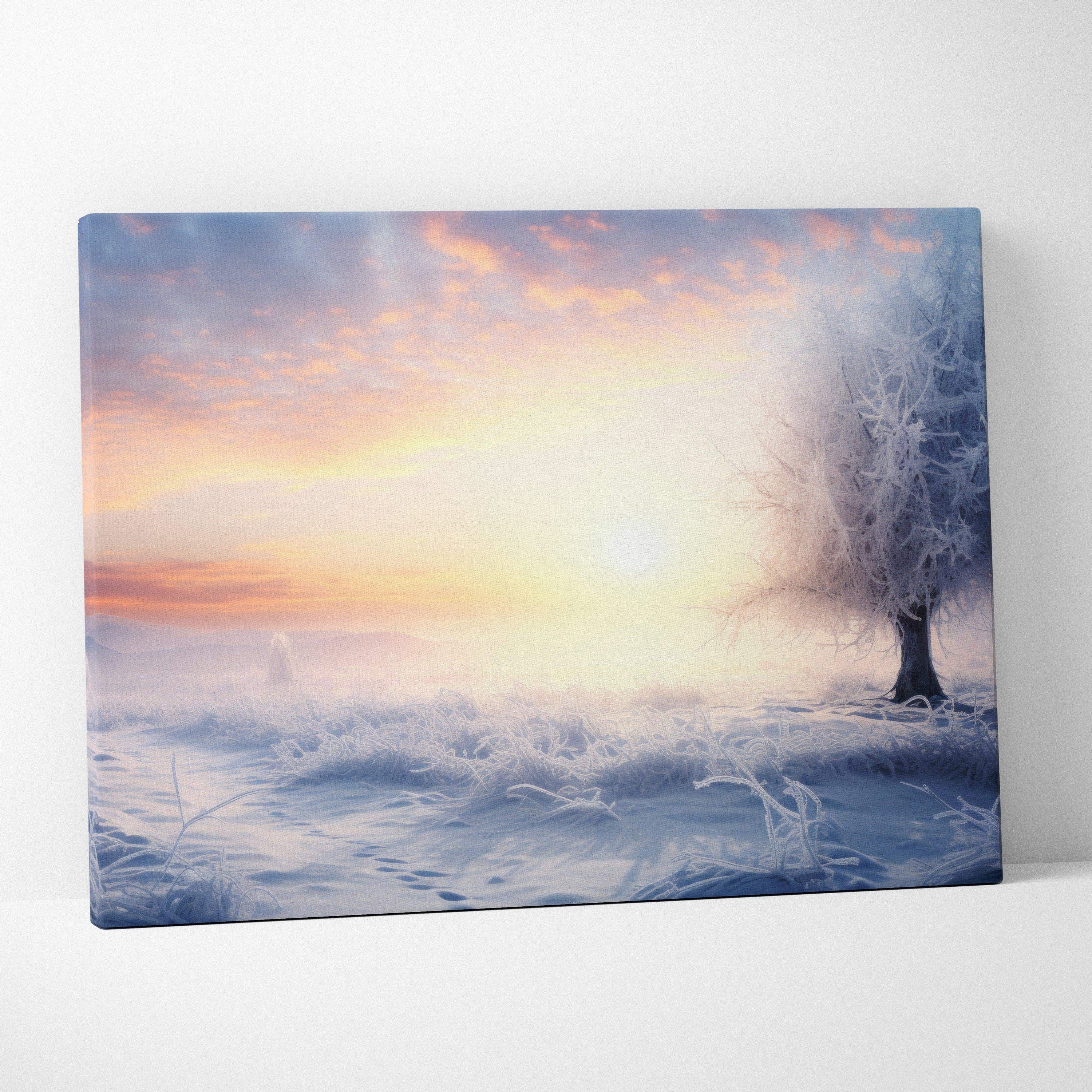 Winter landscape canvas wall art featuring a snowy field and tree at sunrise with soft pastel colors.