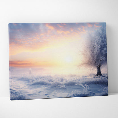 Winter landscape canvas wall art featuring a snowy field and tree at sunrise with soft pastel colors.