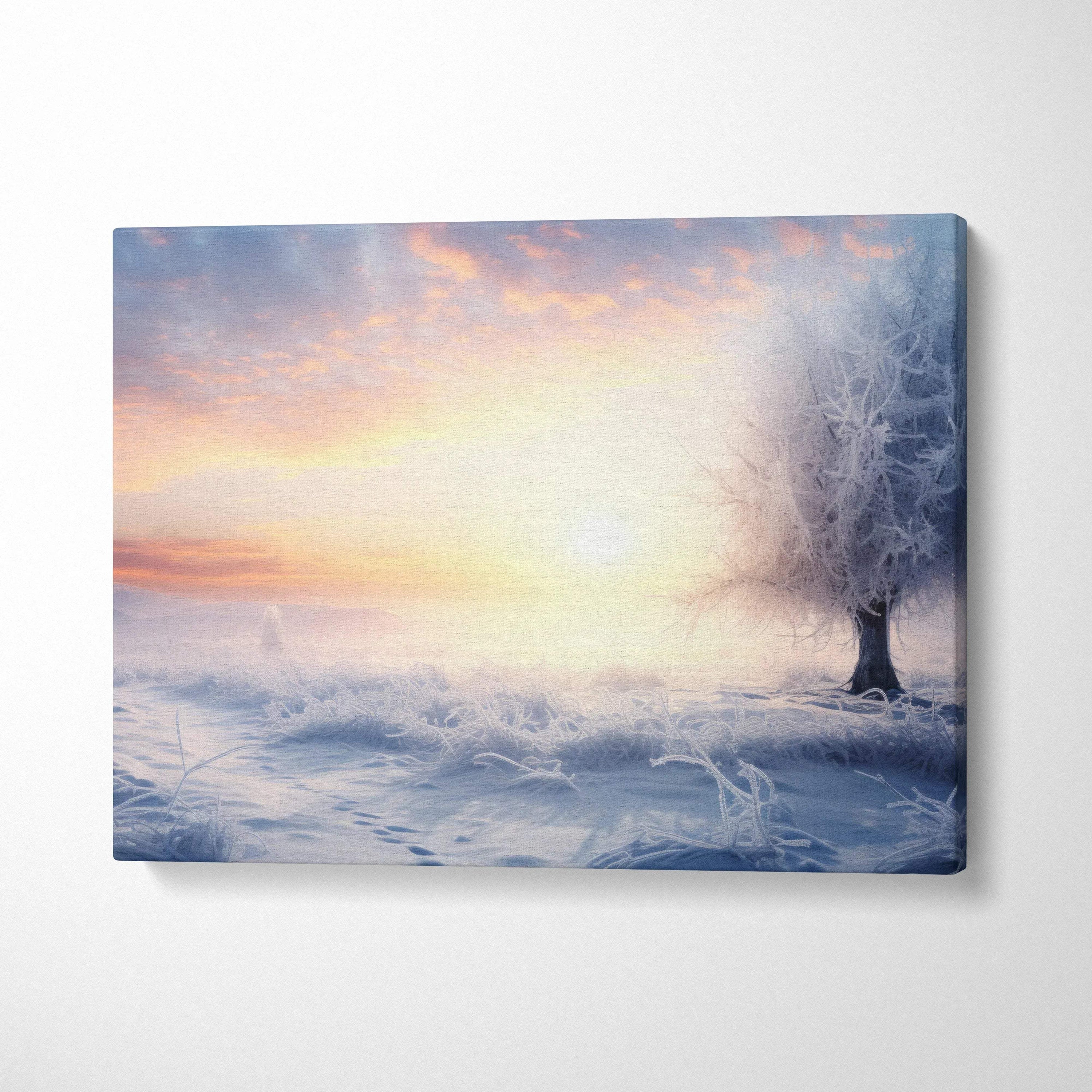 Winter canvas wall art featuring a snowy mountain landscape with a soft sunset and ethereal pastel hues.