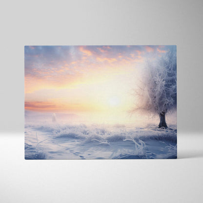 Canvas wall art depicting a snowy landscape with a lone frosted tree against a pastel sunset sky.