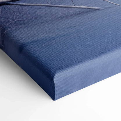 Close-up of canvas edge with textured fabric in deep blue, highlighting quality and sturdy frame for wall art decor.