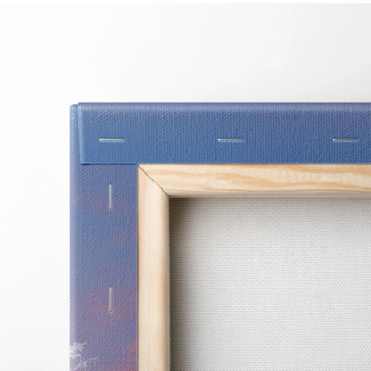 Close-up of wooden frame corner and blue canvas stretched with staples for wall art decor.