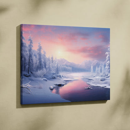 Canvas wall art featuring a dreamy winter snowy mountain sunset landscape with pink and purple sky decor.