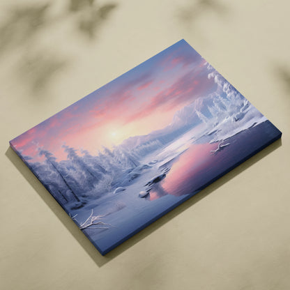 Winter snowy mountain sunset landscape on vibrant canvas wall art with pink and purple sky decor.