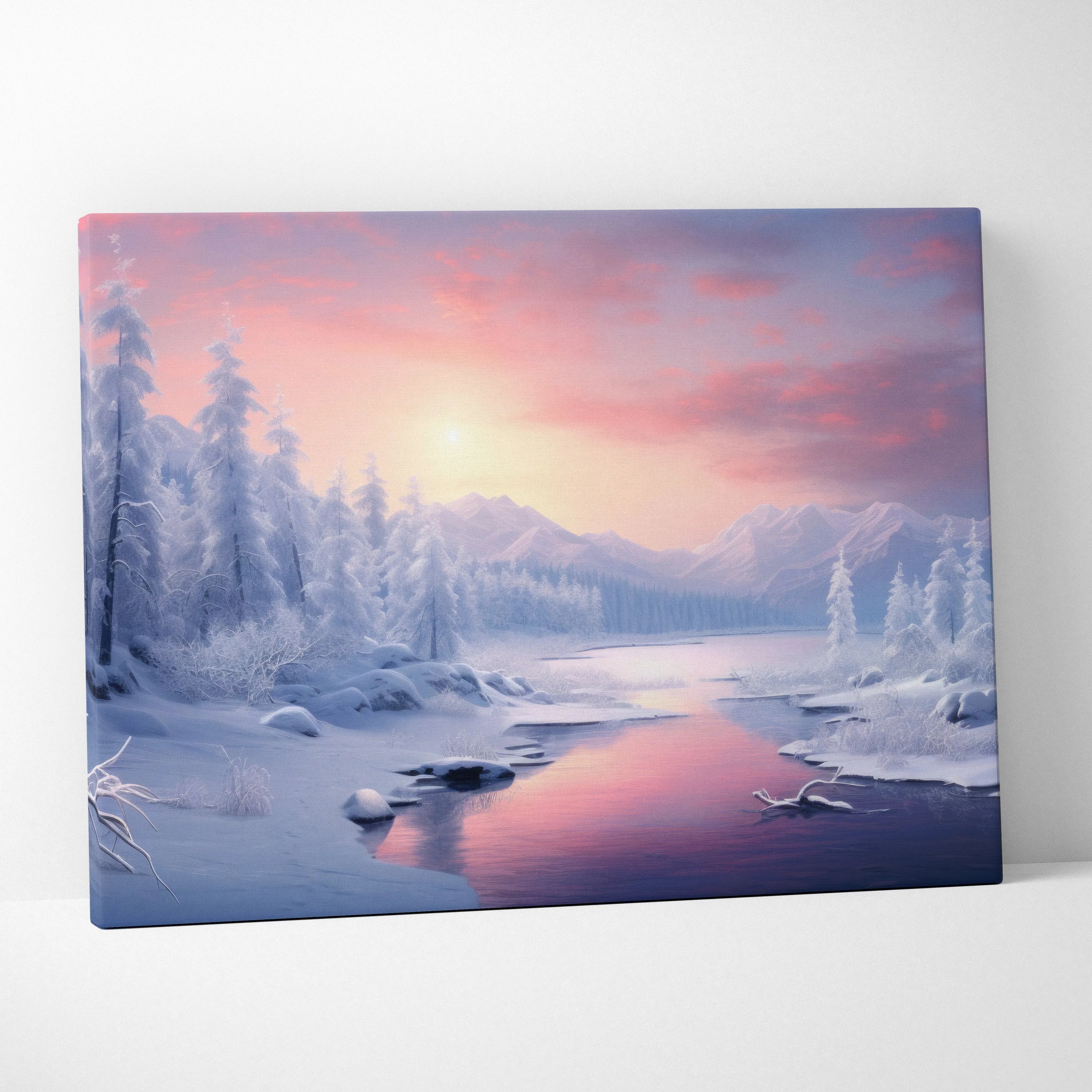 Digital canvas wall art of snowy mountain landscape at sunset with pink and purple sky reflections on icy river.