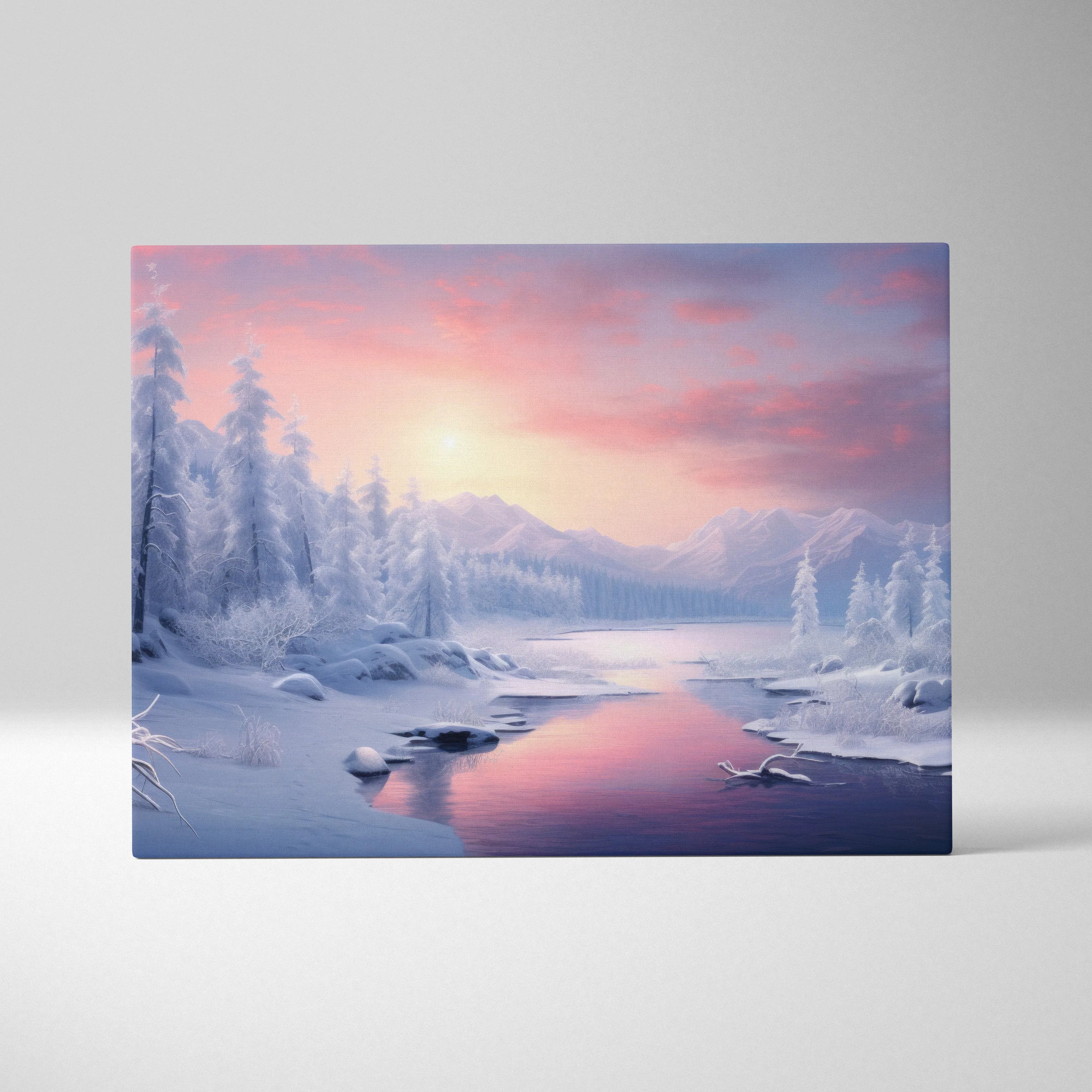 Canvas wall art showing a snowy mountain landscape at sunset with pink and purple skies and frozen river reflections.