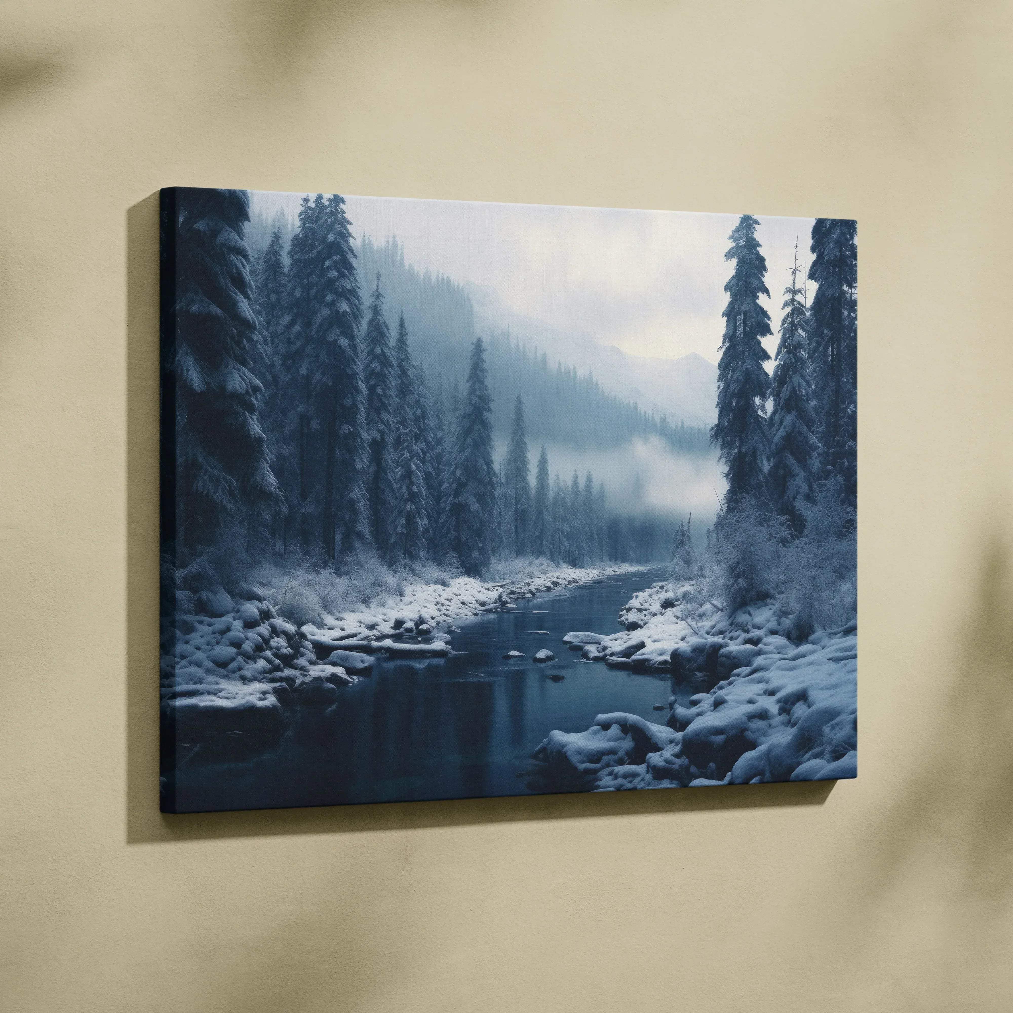 Framed canvas print of a snowy river winding through a serene evergreen forest in a cool blue winter landscape