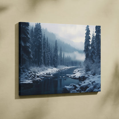 Canvas wall art featuring a snowy forest landscape with a calm river and misty pine trees in cool blue tones.