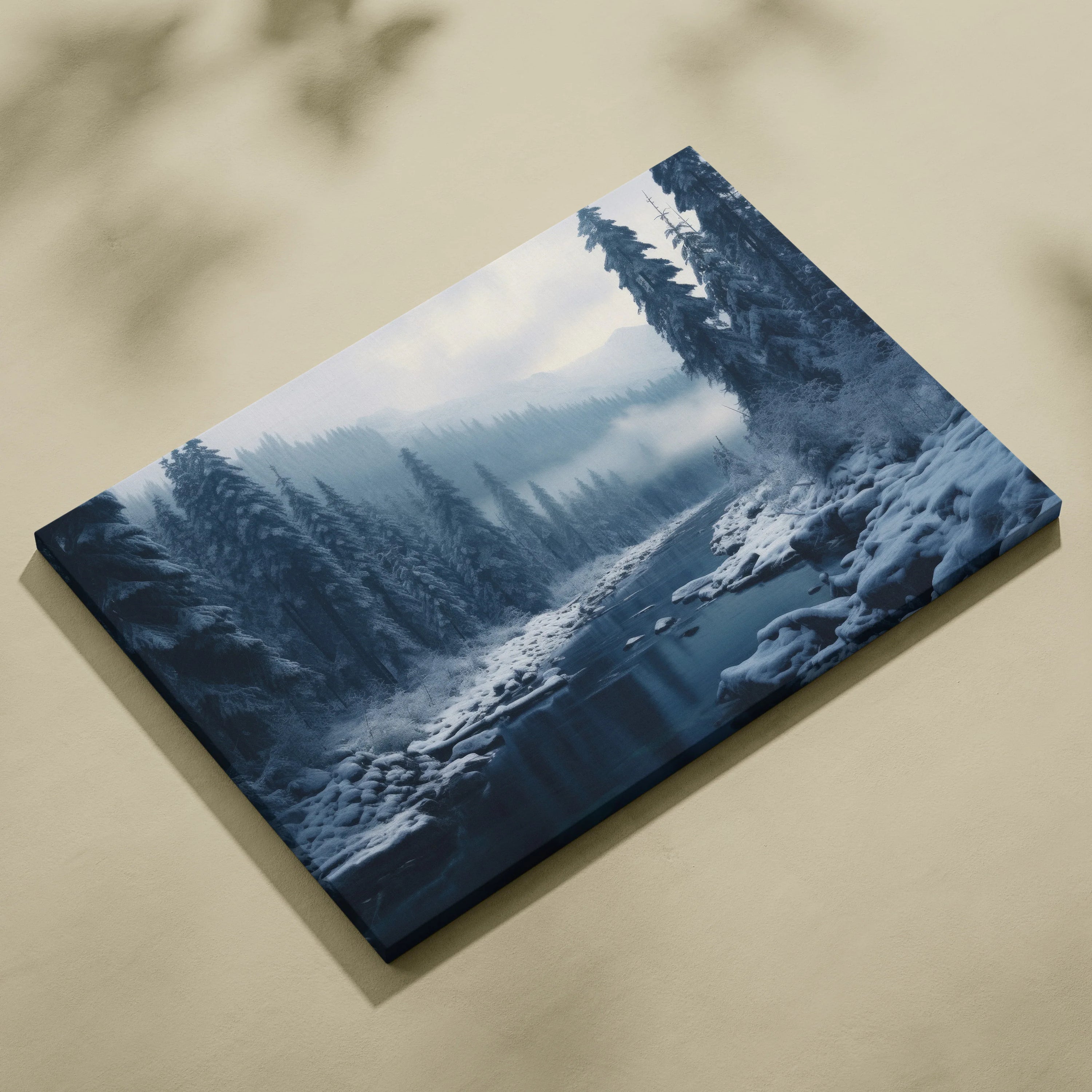 Winter forest landscape canvas print with snowy river and tall pine trees in soft blue tones.