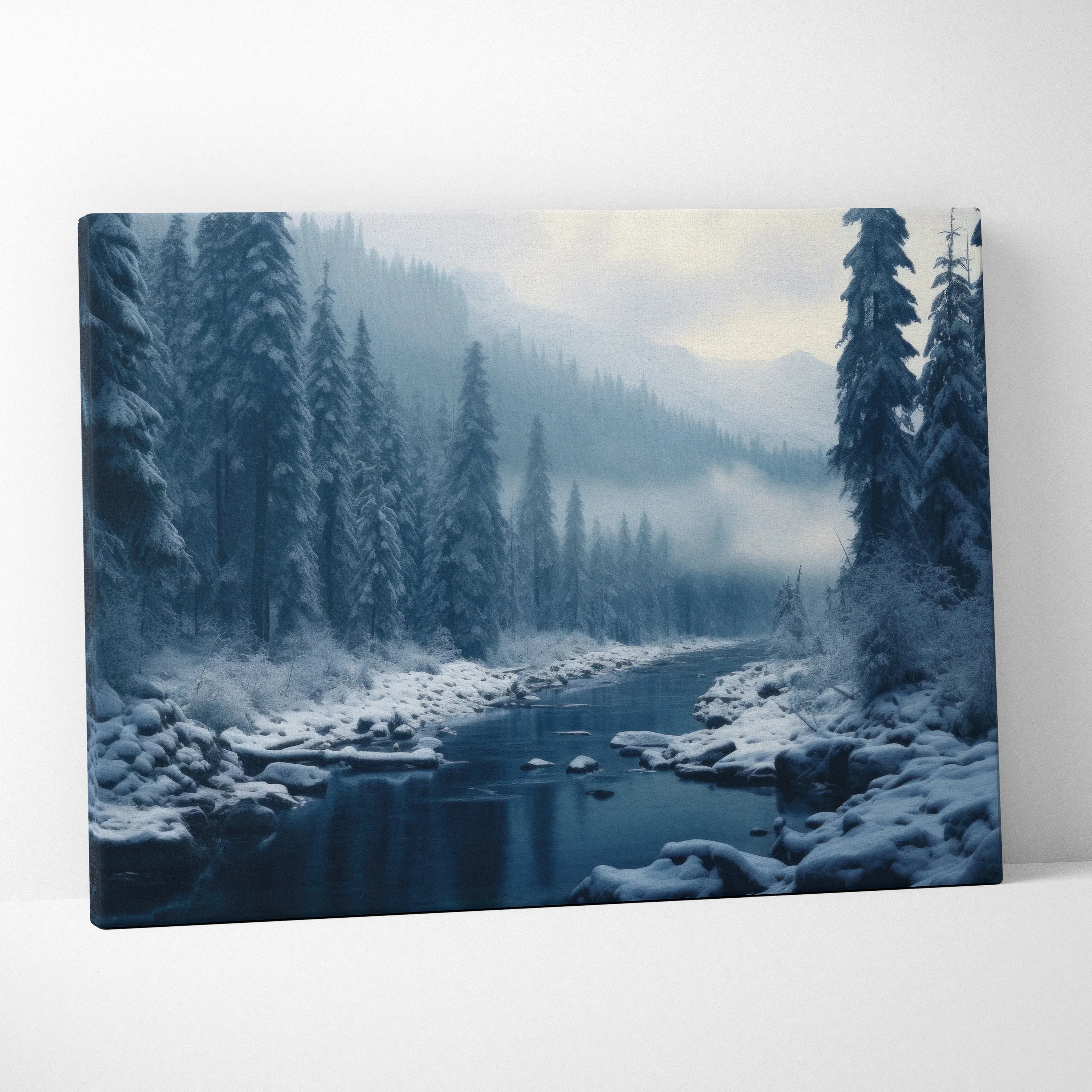 Winter forest landscape canvas with snow-covered trees and a calm river flowing through rocky banks in muted blue tones.