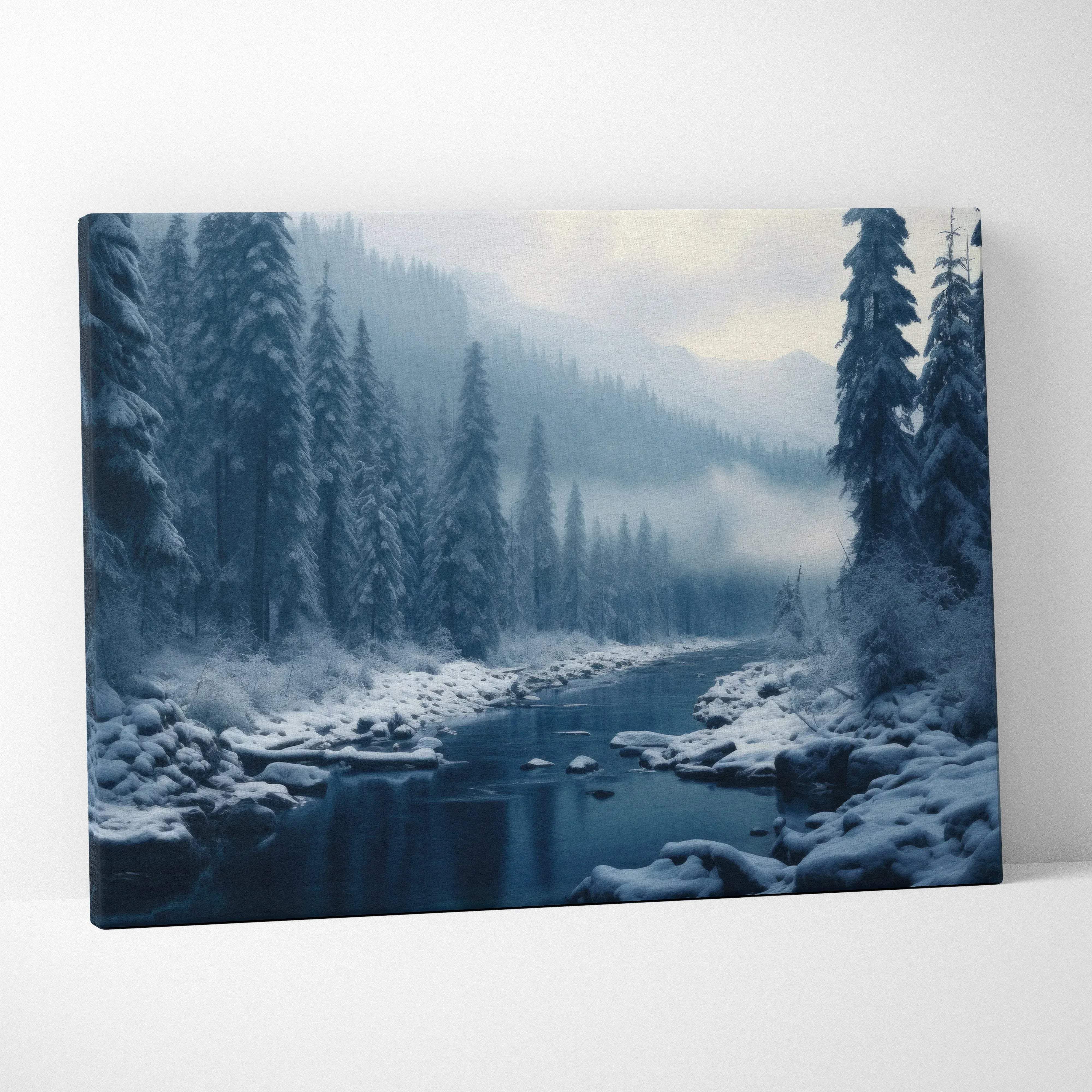 Dreamy winter landscape canvas wall art featuring snow-covered pine trees along an icy river in a cool blue mood