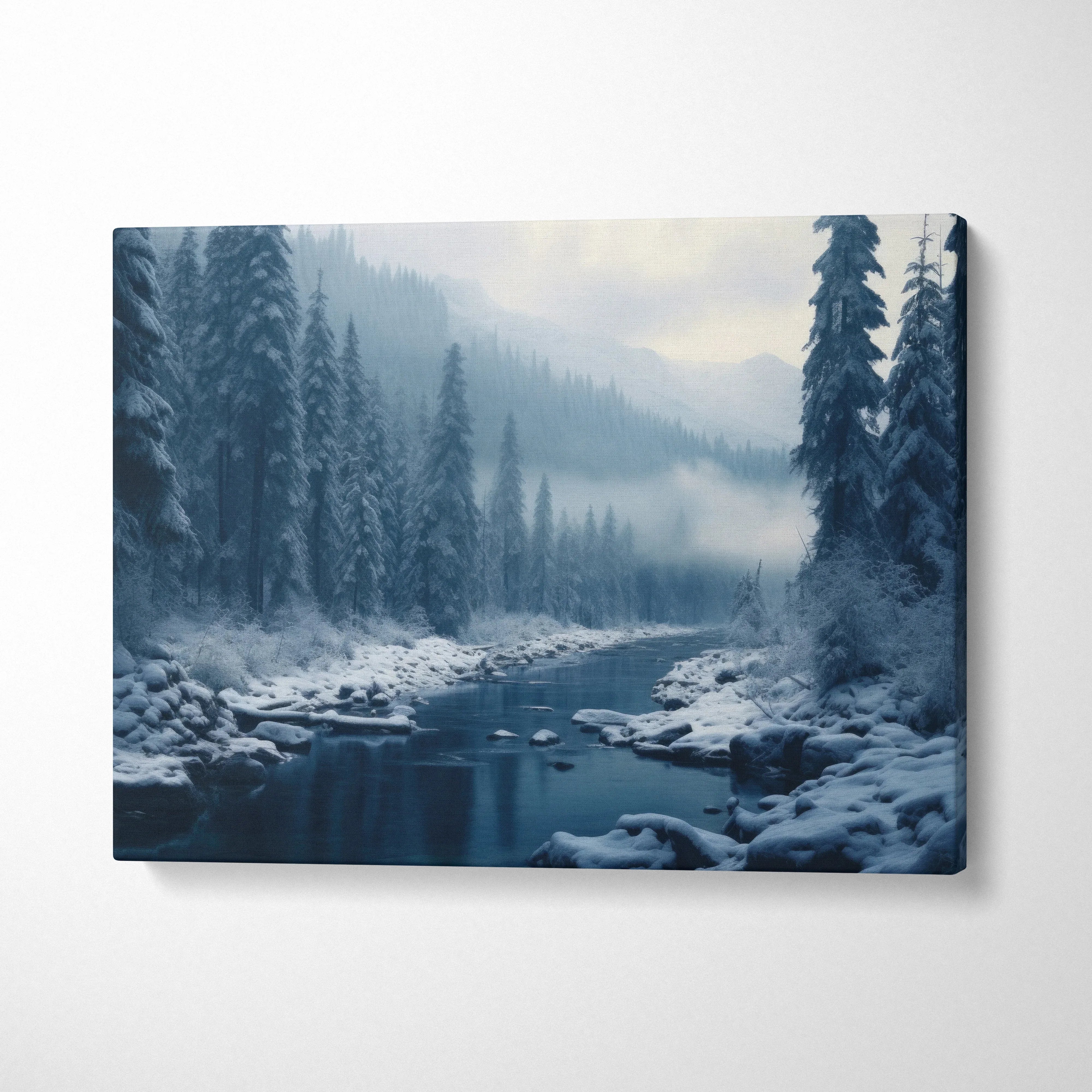 Winter forest and snowy river landscape canvas wall art with muted blue tones and serene decor ambiance.