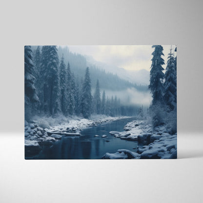 Canvas wall art featuring a snowy river flowing through a misty blue-toned forest winter landscape.