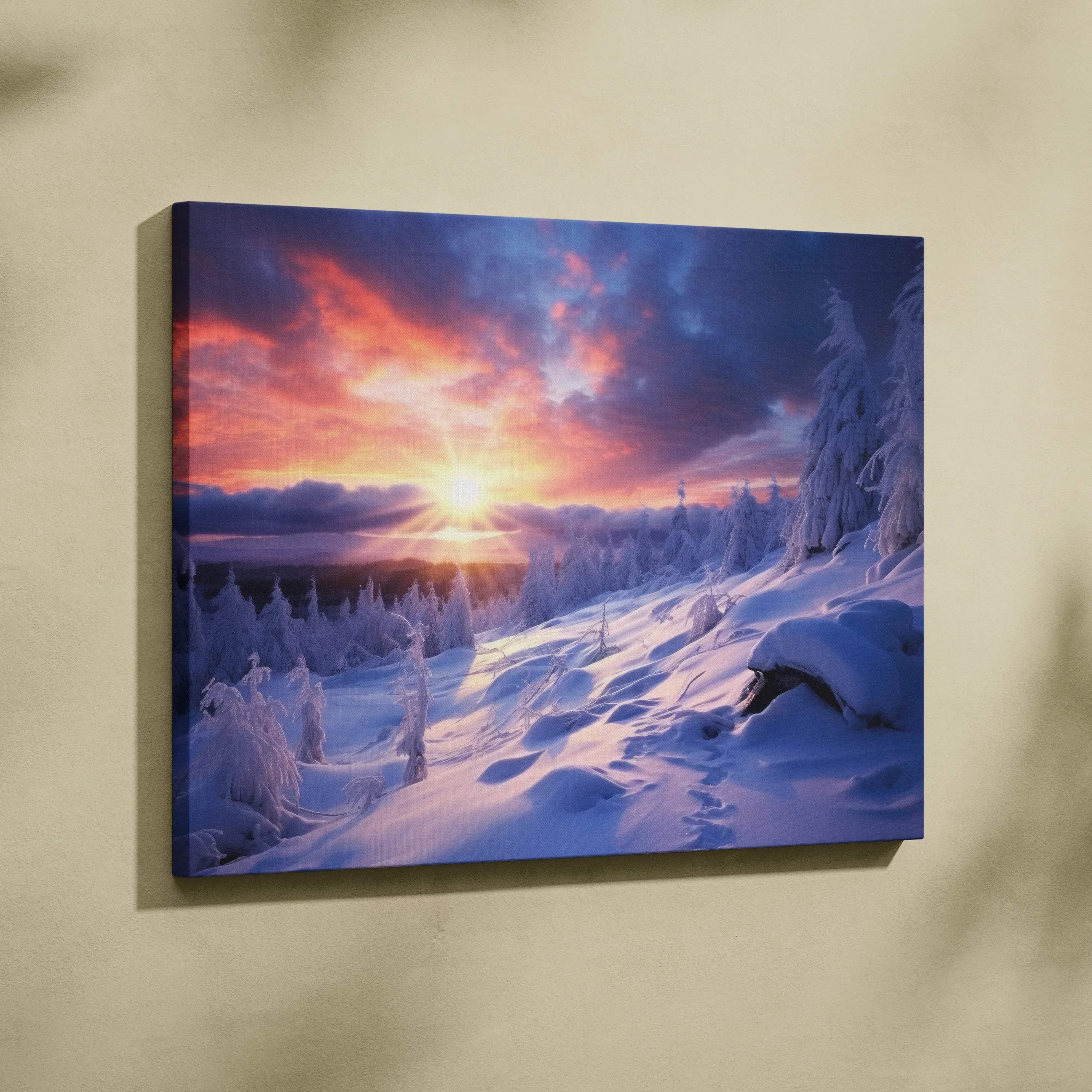Vibrant winter landscape canvas wall art with snowy trees and radiant sunset in purples oranges and pinks