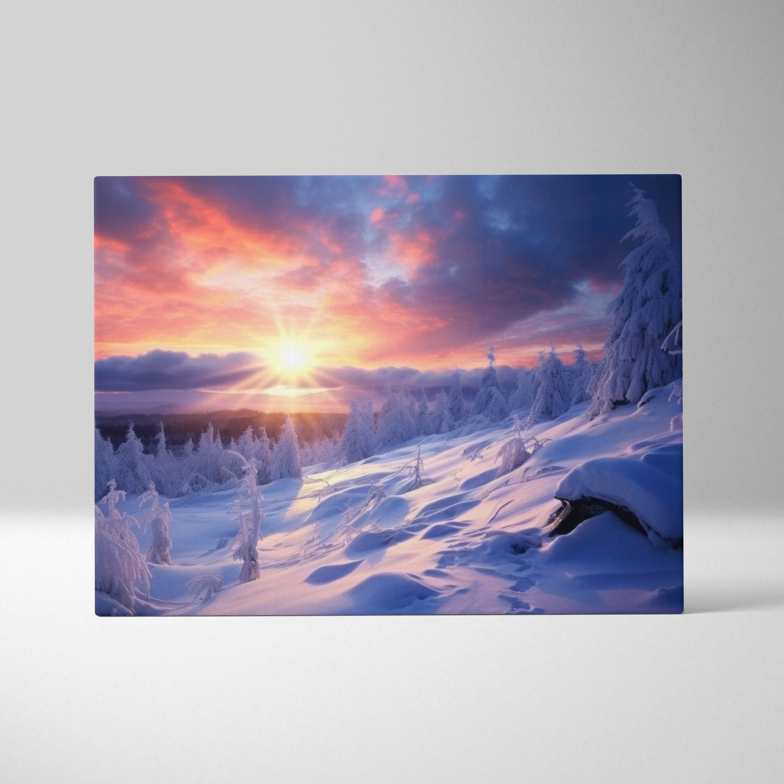 Winter snowy sunset scene on canvas wall art with vibrant pink and orange sky for home decor.