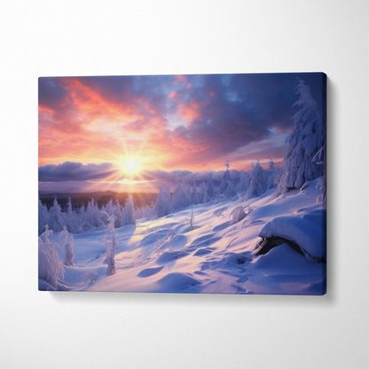 Canvas wall art featuring a snowy winter landscape with a vibrant sunset sky and frosted trees for home decor.