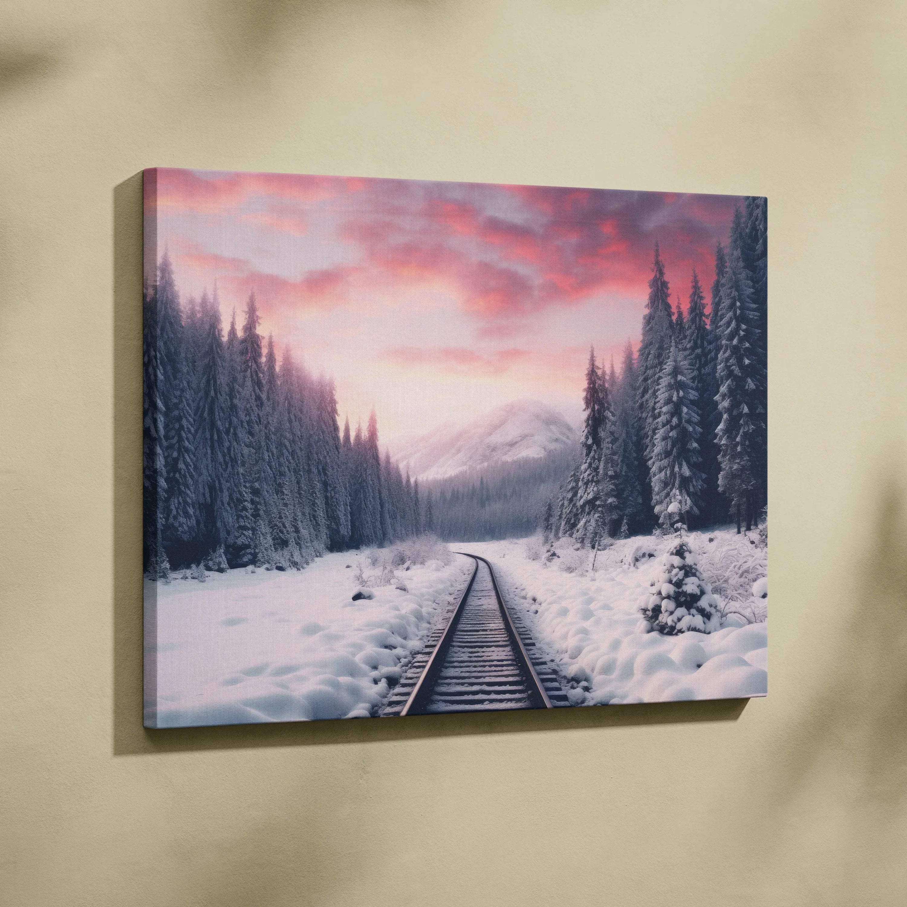 Canvas wall art featuring snowy train tracks stretching into a pink and purple winter sunset with pine trees lining both.