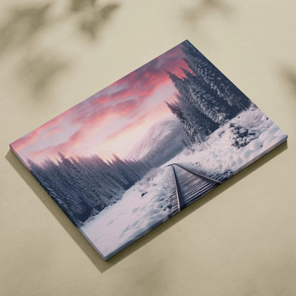 Canvas wall art featuring snowy train tracks leading into a pink and purple sunset sky with tall pine trees.