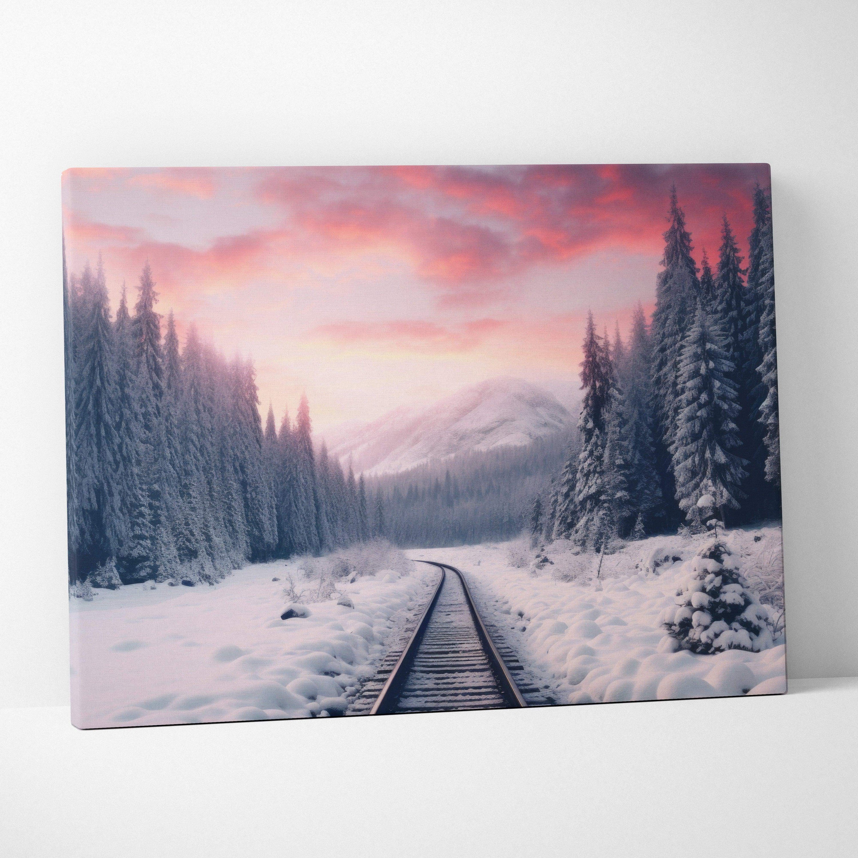 Canvas art print of snowy train tracks leading through frosted pine trees under a pink and orange sunset sky.