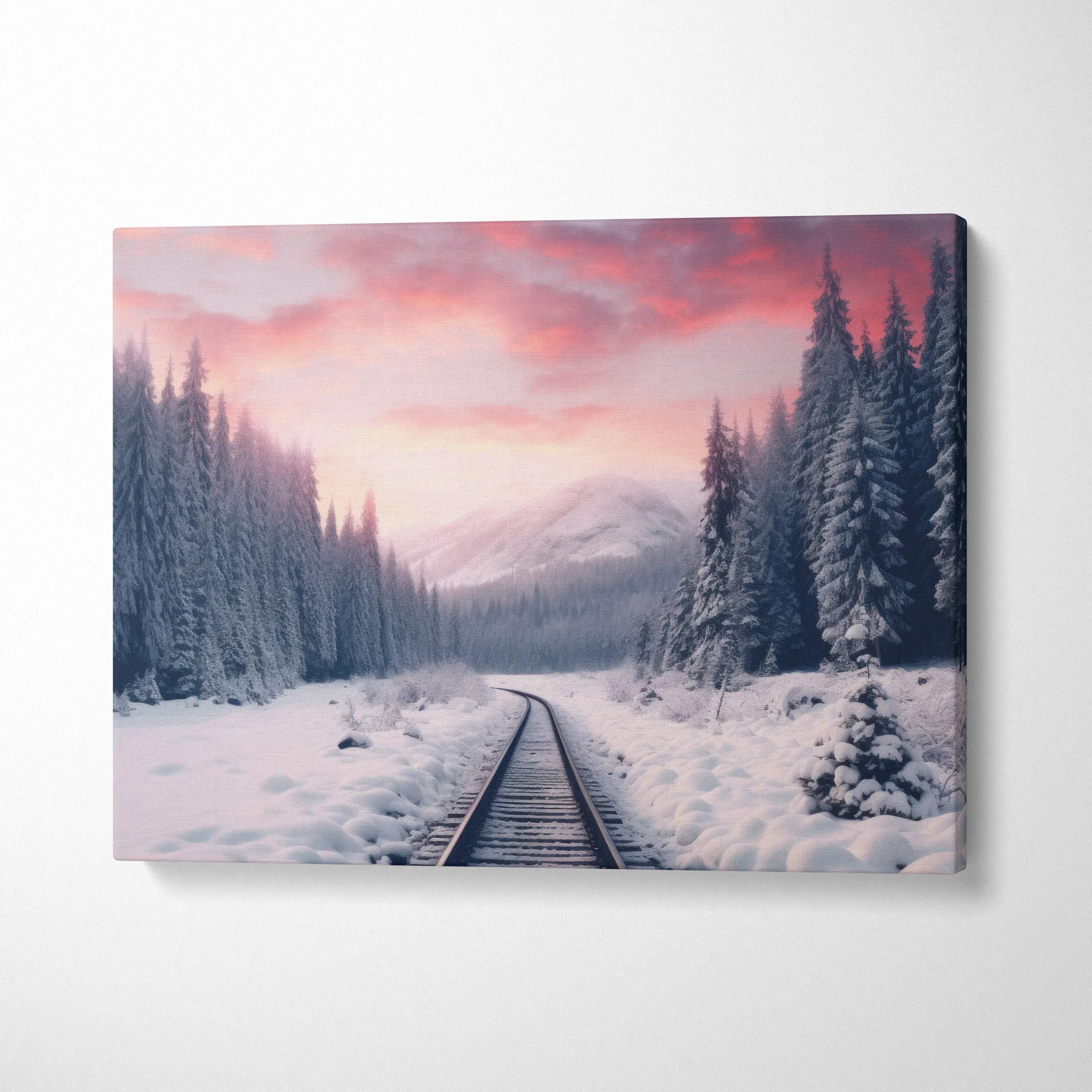 Canvas wall art featuring snowy train tracks leading toward a pastel pink and purple winter sunset with pine trees and.