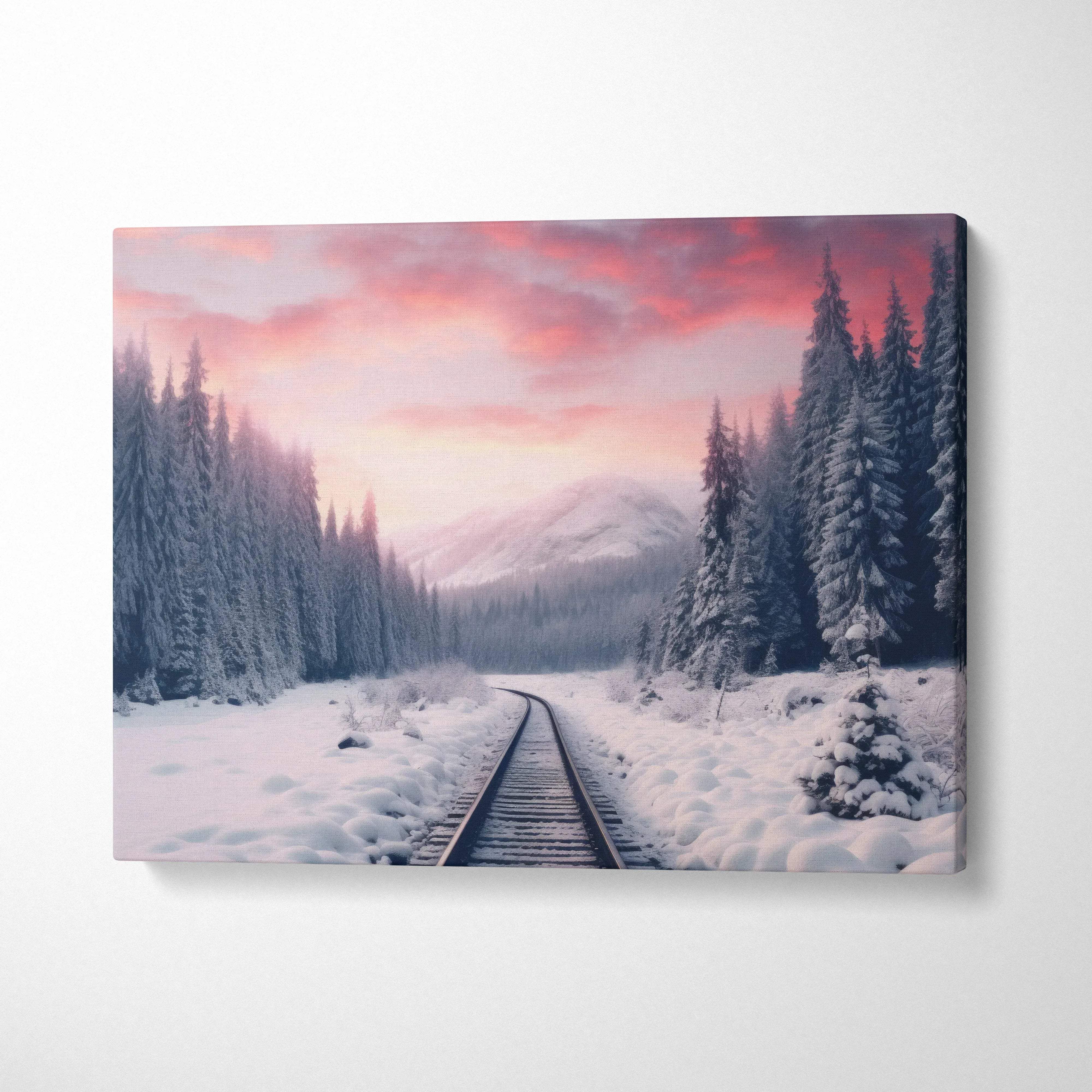 Canvas wall art featuring snowy train tracks leading toward a pastel pink and purple winter sunset with pine trees and.