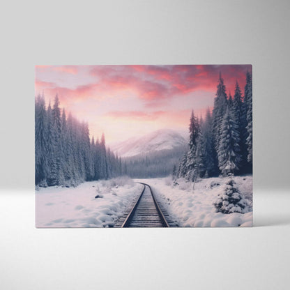 Winter canvas wall art featuring snowy train tracks leading into a pink and purple sunset sky surrounded by pine trees and.