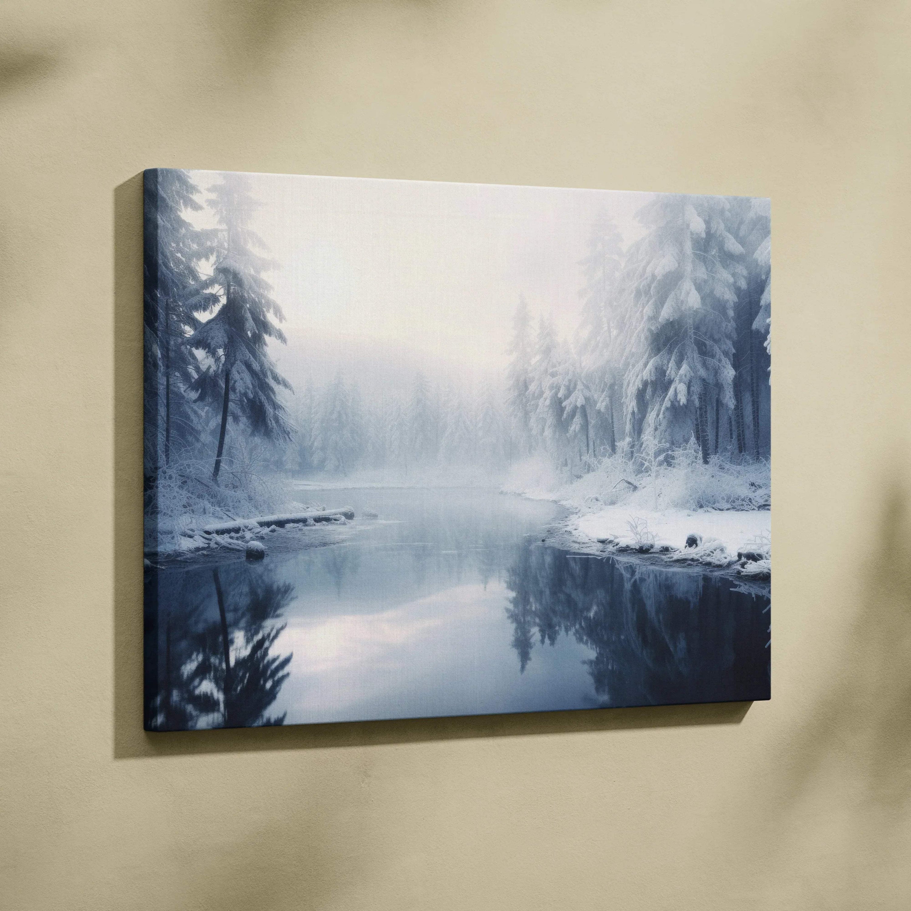 Winter snowy forest reflected in calm river canvas wall art with soft blue tones and misty atmosphere decor.