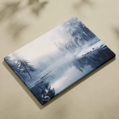 Canvas wall art featuring a serene winter snowy landscape in blue and white tones with trees and a reflective lake.
