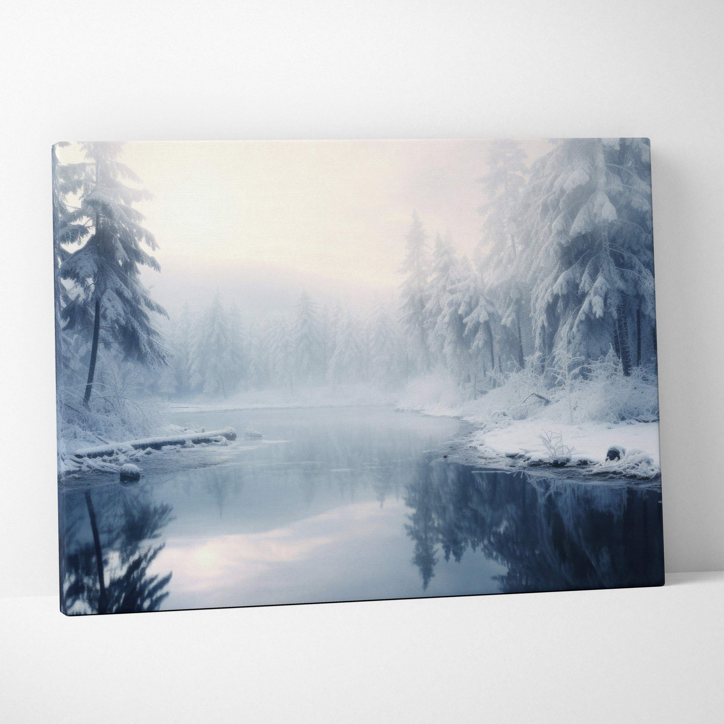 Canvas wall art featuring a serene snowy forest scene with tall frosted trees reflected in calm water under a soft, misty.