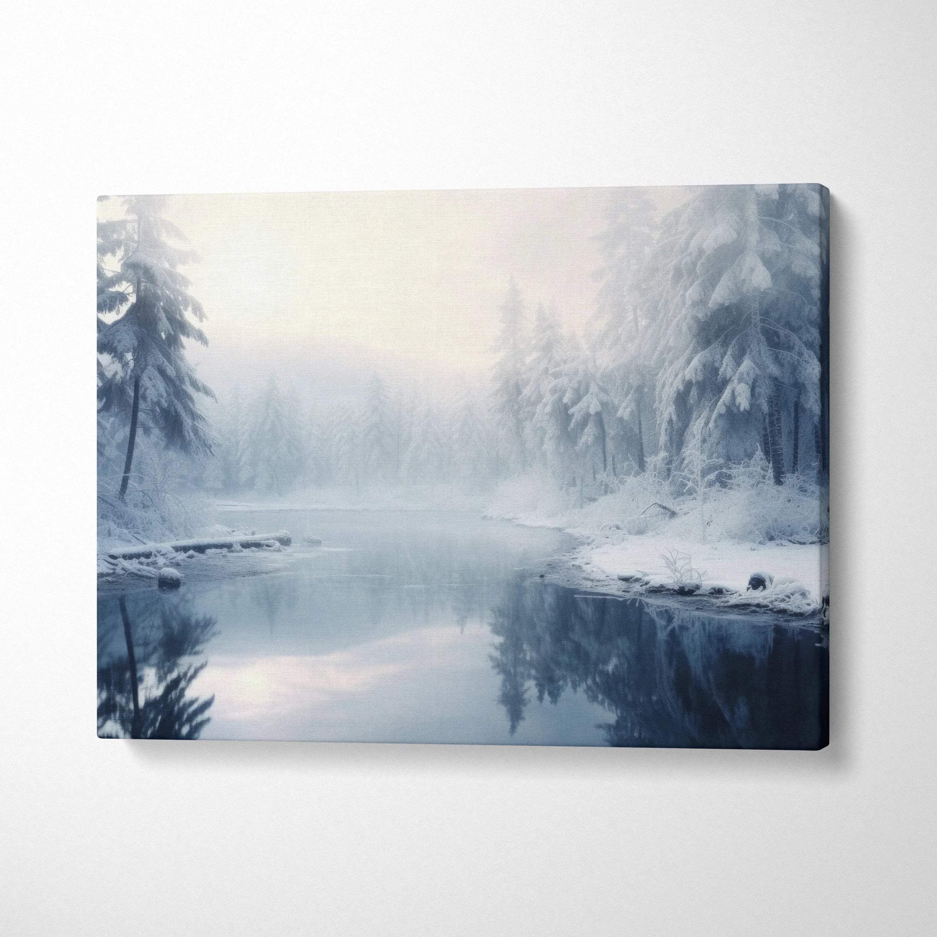 Winter snowy forest and river landscape canvas wall art with soft blue and white tones decor.
