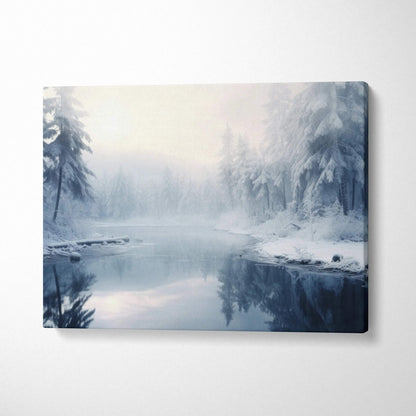 Winter snowy forest and river landscape canvas wall art with soft blue and white tones decor.