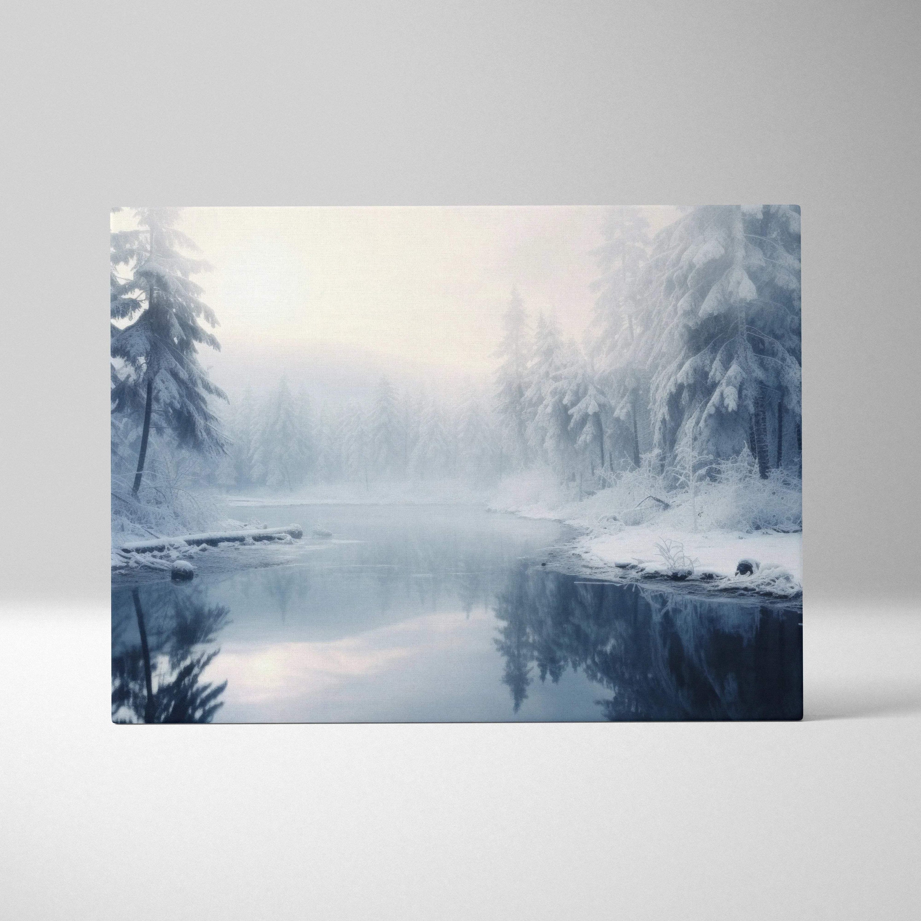 Winter landscape digital canvas wall art depicting snowy trees and a calm river with muted blue and white tones.