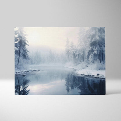 Winter landscape digital canvas wall art depicting snowy trees and a calm river with muted blue and white tones.