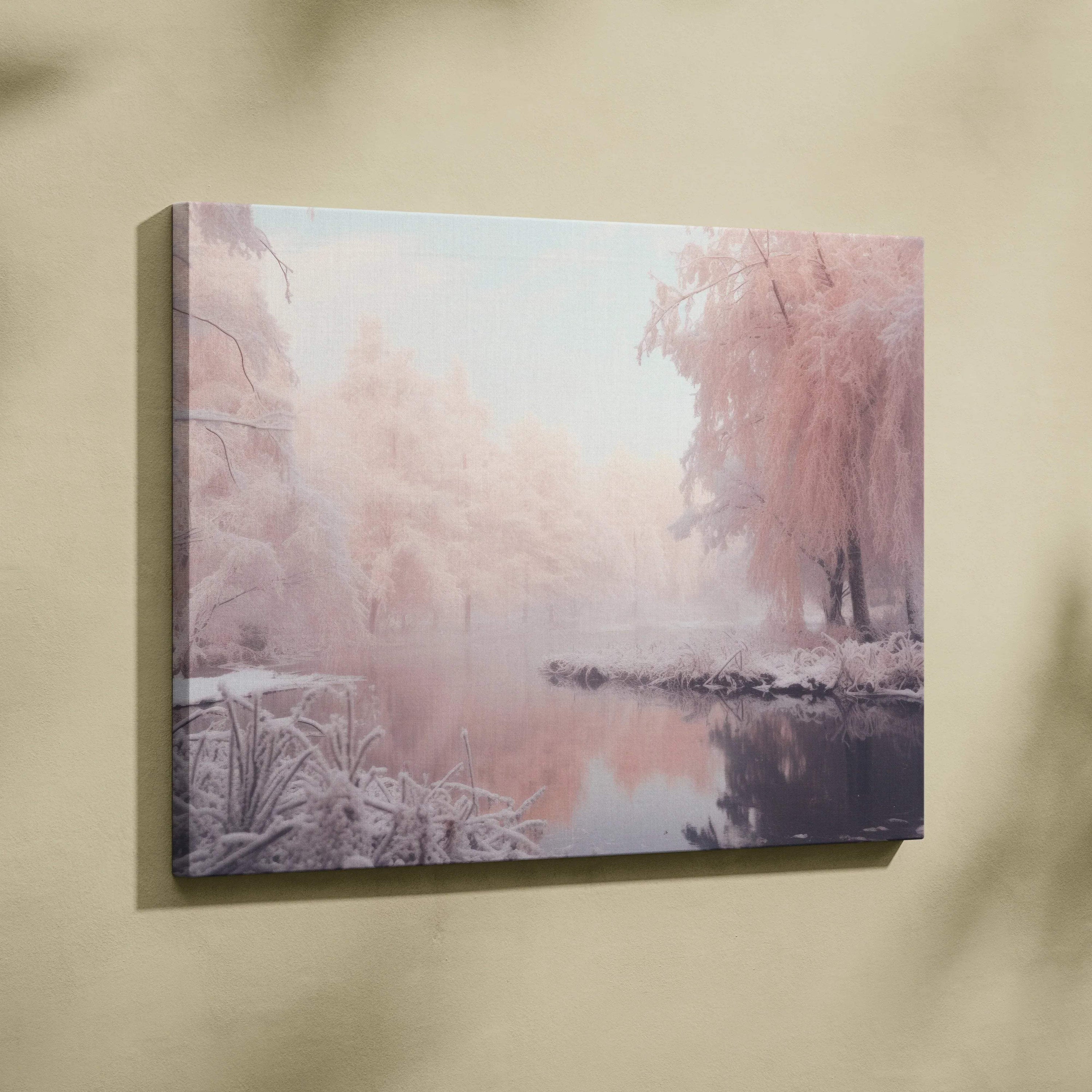 Winter snowy landscape canvas wall art with soft pink tones and reflective water decor.