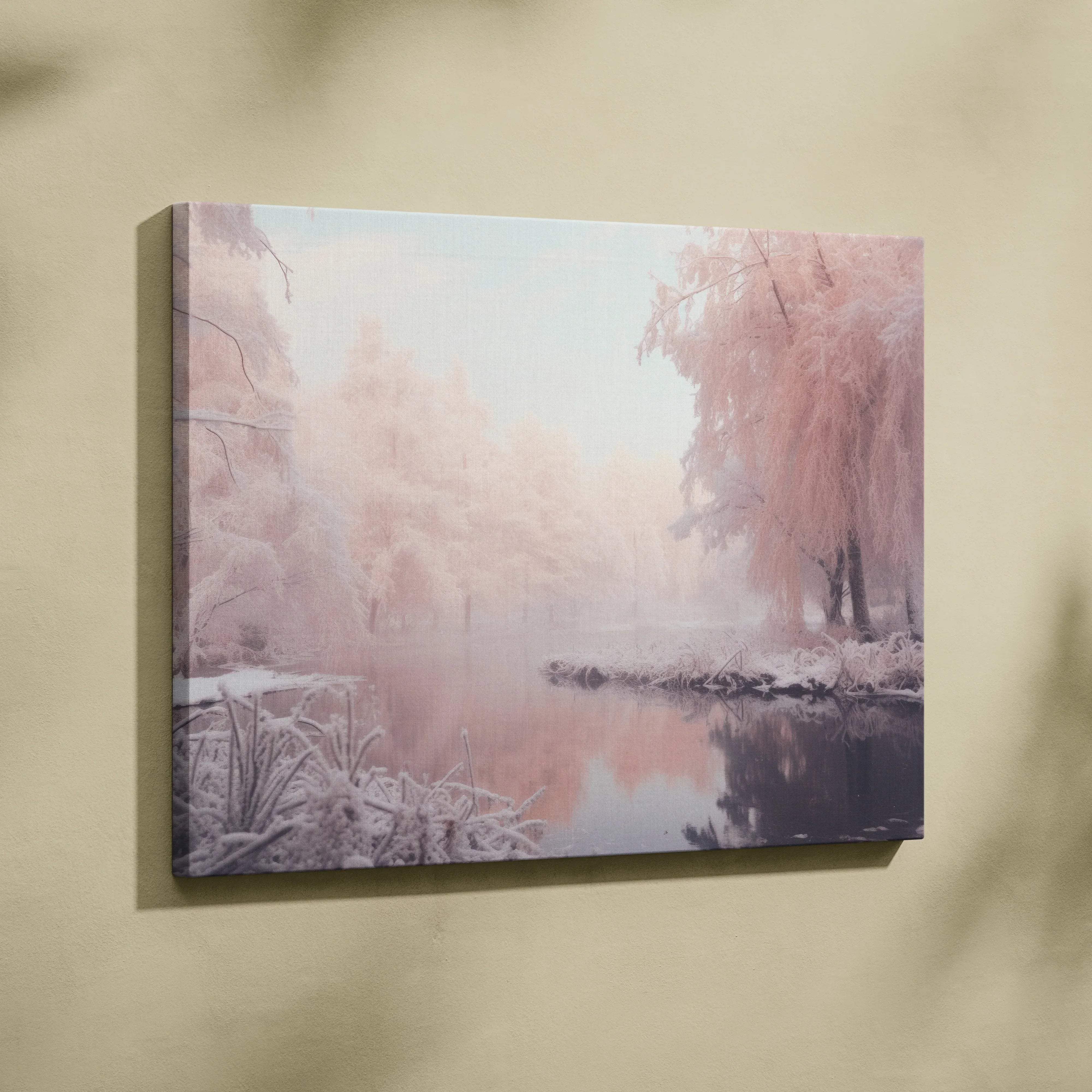 A soft pink and white canvas print of a dreamy winter landscape with snowy trees reflected in calm water