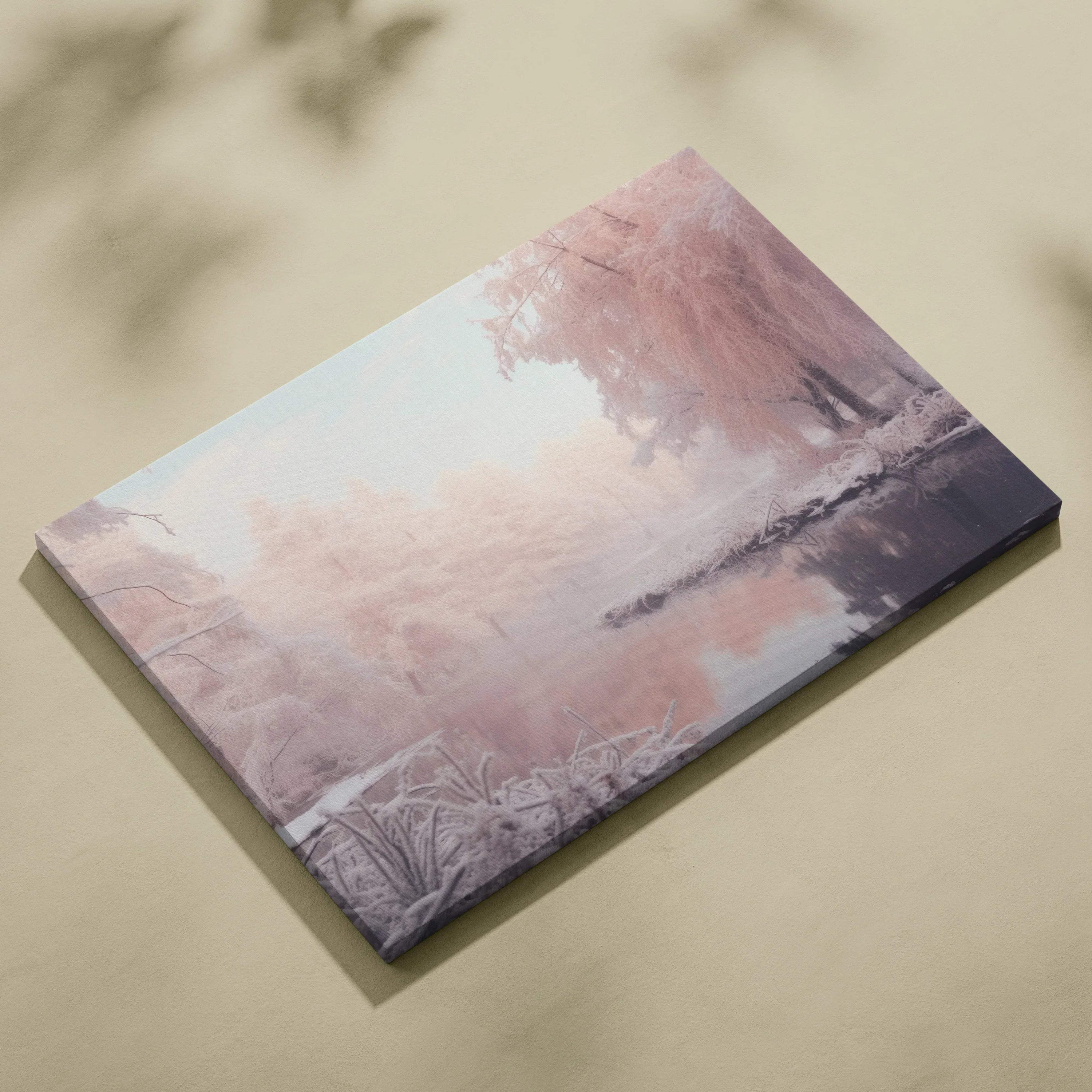 Winter landscape canvas wall art featuring a dreamy snowy forest reflected in calm water, soft pastel tones decor.