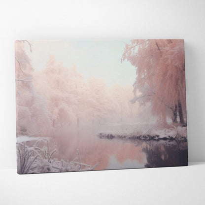 Canvas wall art featuring a soft pastel snowy landscape with frosted trees and a calm reflective river.