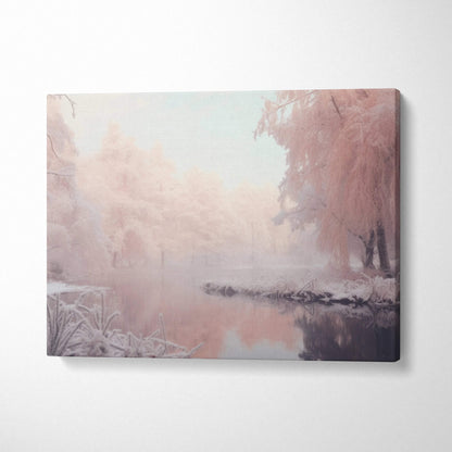 Canvas wall art featuring dreamy snowy landscape with soft pink and white tones and serene river decor.