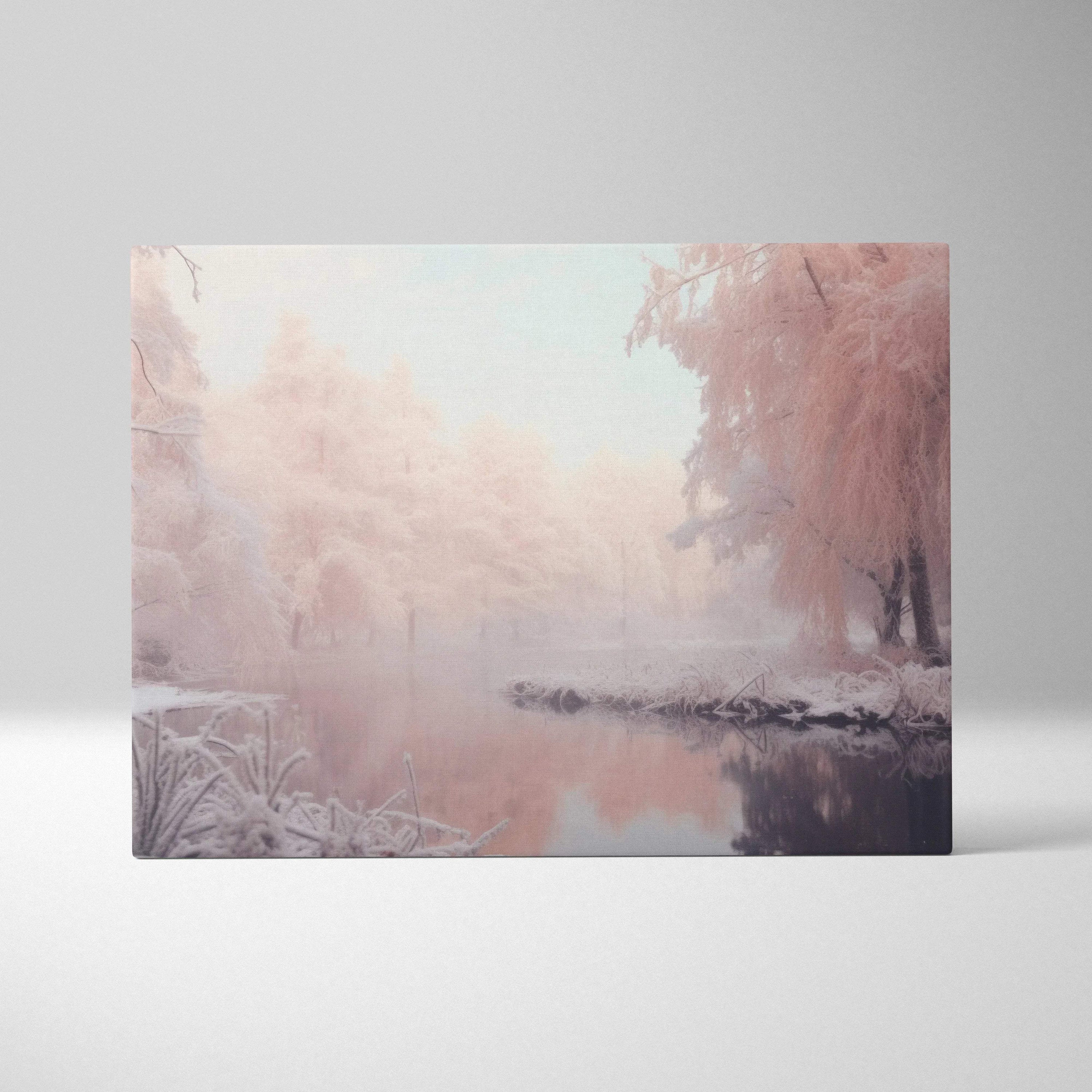 Canvas wall art featuring a pastel-toned snowy landscape with frosted trees and a calm river in soft pink and white hues.