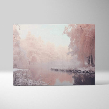Canvas wall art featuring a pastel-toned snowy landscape with frosted trees and a calm river in soft pink and white hues.