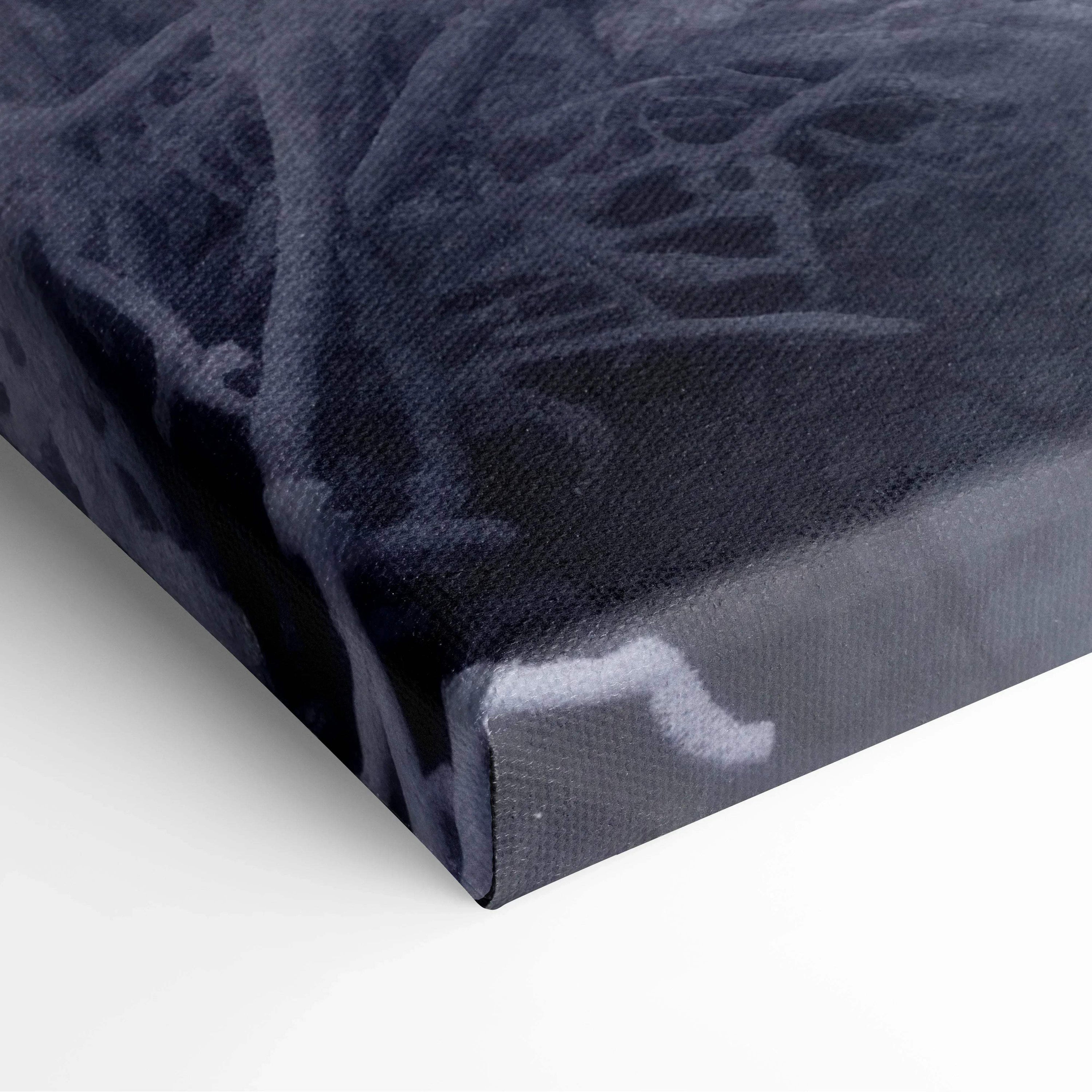 Winter snowy tree branches close-up on canvas wall art print corner detail.