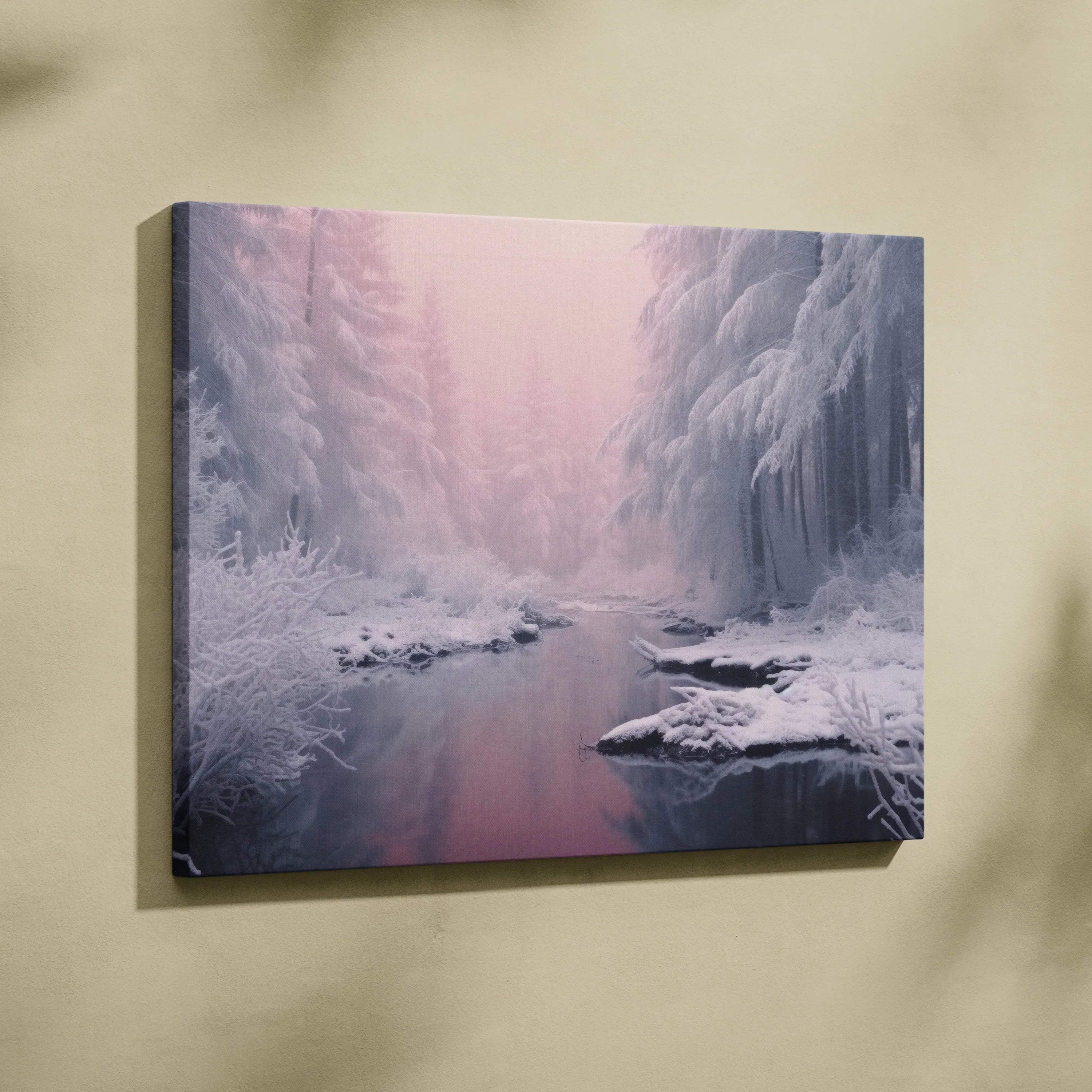 Canvas wall art featuring dreamy snowy winter forest with a calm river flowing through pastel pink sky decor.