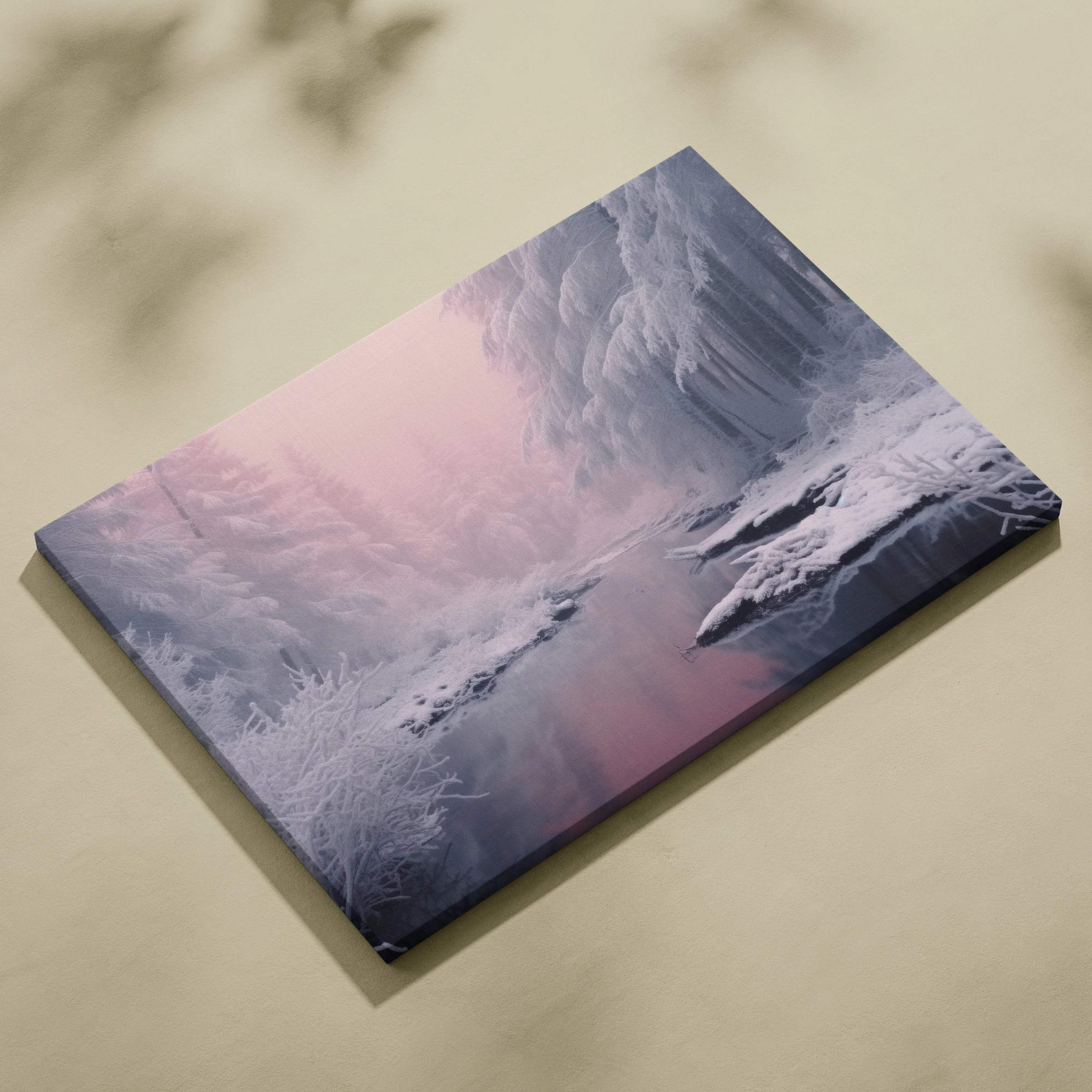 Canvas wall art featuring dreamy snowy winter landscape with icy trees and soft pink sky decor.