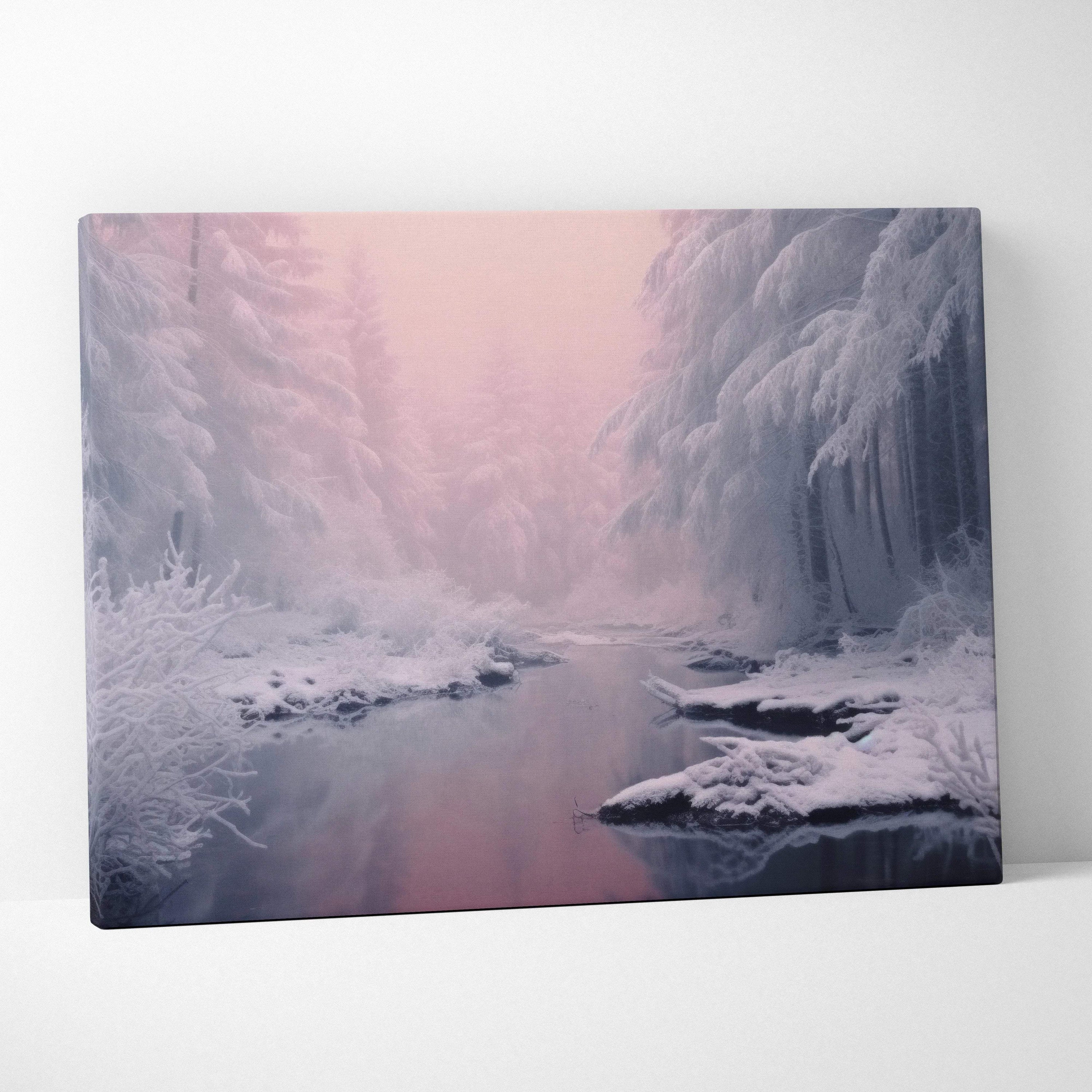 Canvas wall art featuring a dreamy winter snowy forest scene with soft pink and purple hues over a calm river.
