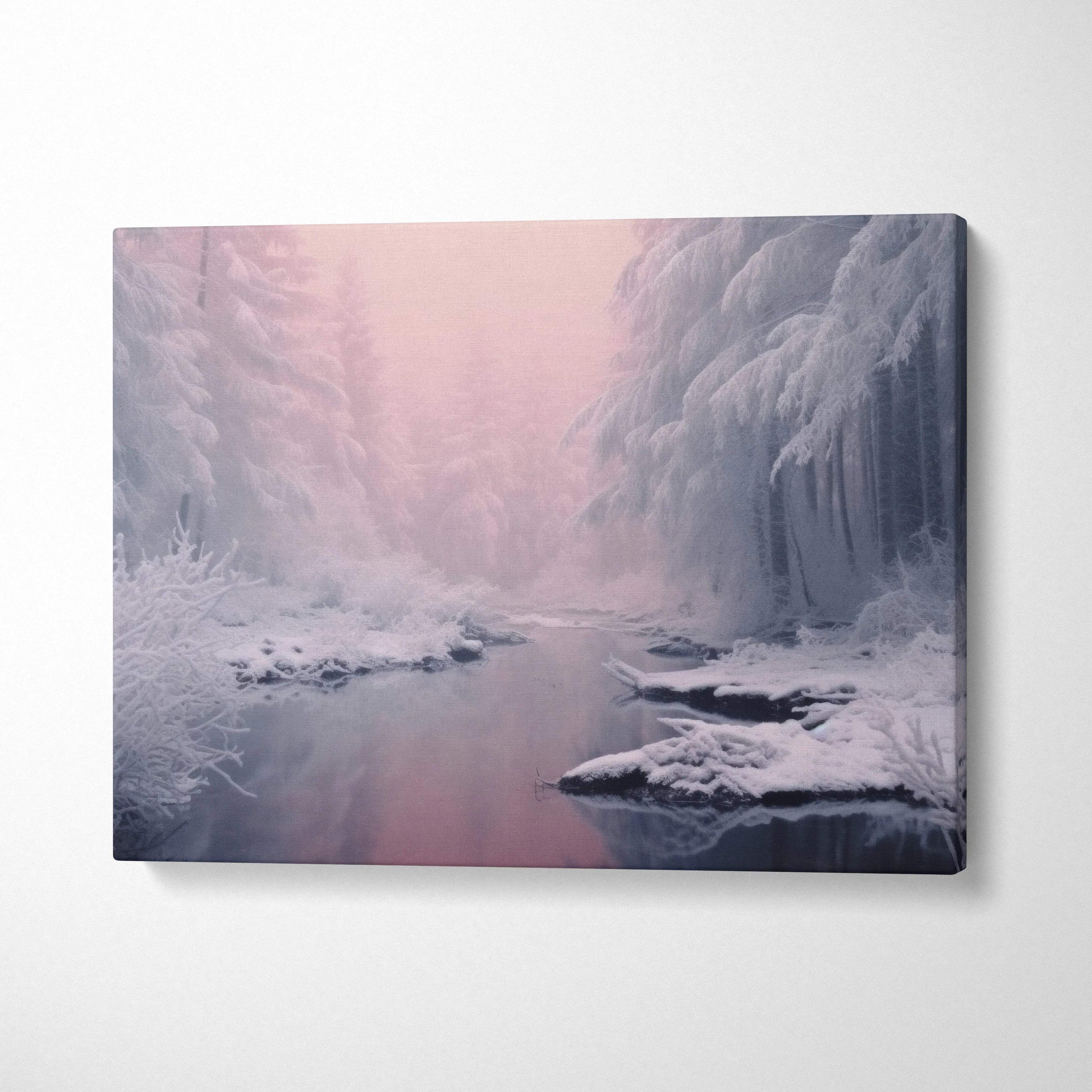 Winter snowy forest scene with soft pastel sky on canvas wall art decor panel.