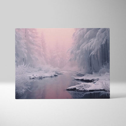 Canvas wall art featuring a serene snowy forest with frosted trees and a calm river in soft pink and purple hues.