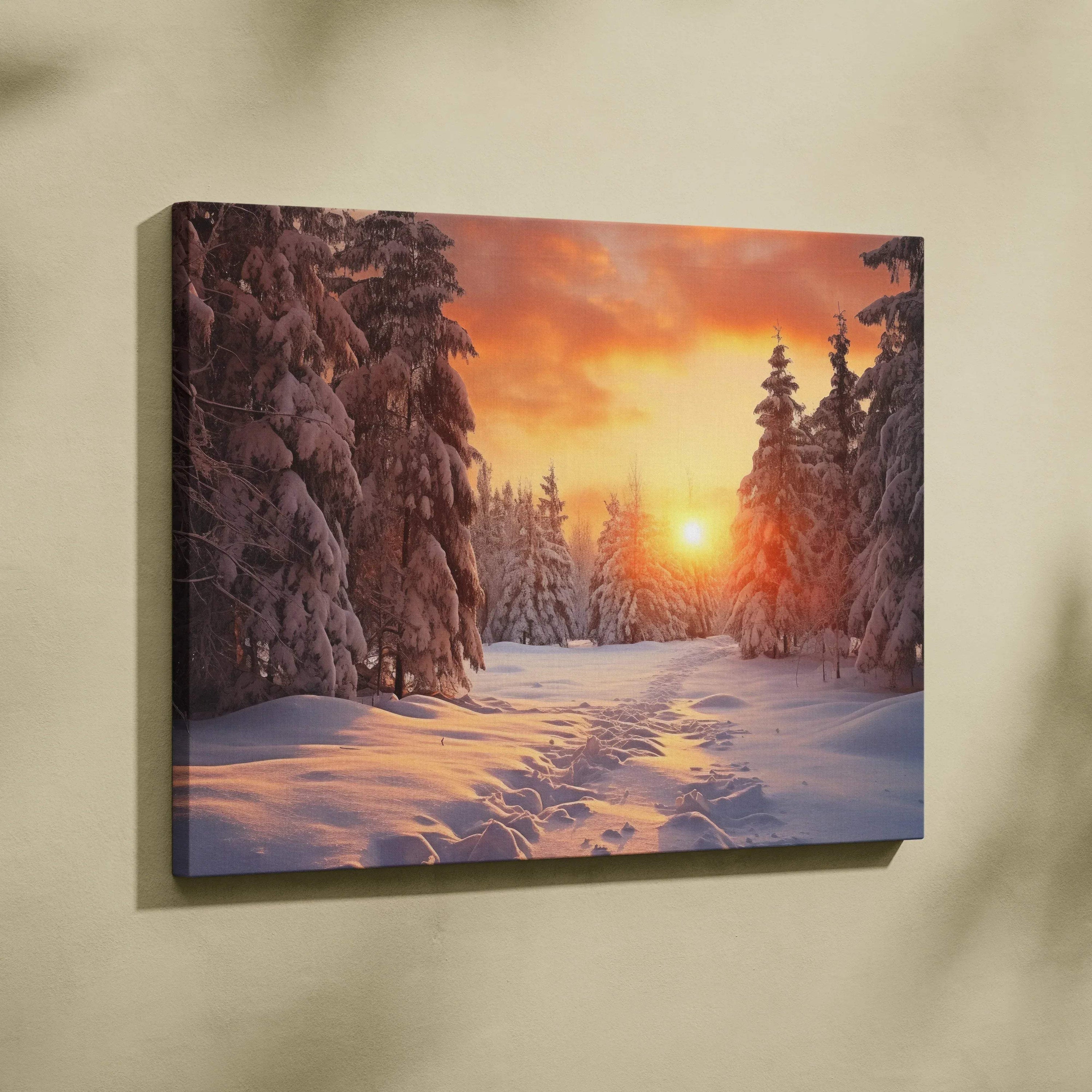 Canvas wall art featuring a vivid snowy forest landscape under an orange and yellow winter sunset sky.