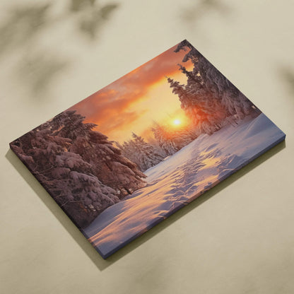 Canvas wall art featuring a vivid snowy forest landscape at sunset with warm orange and pink skies.
