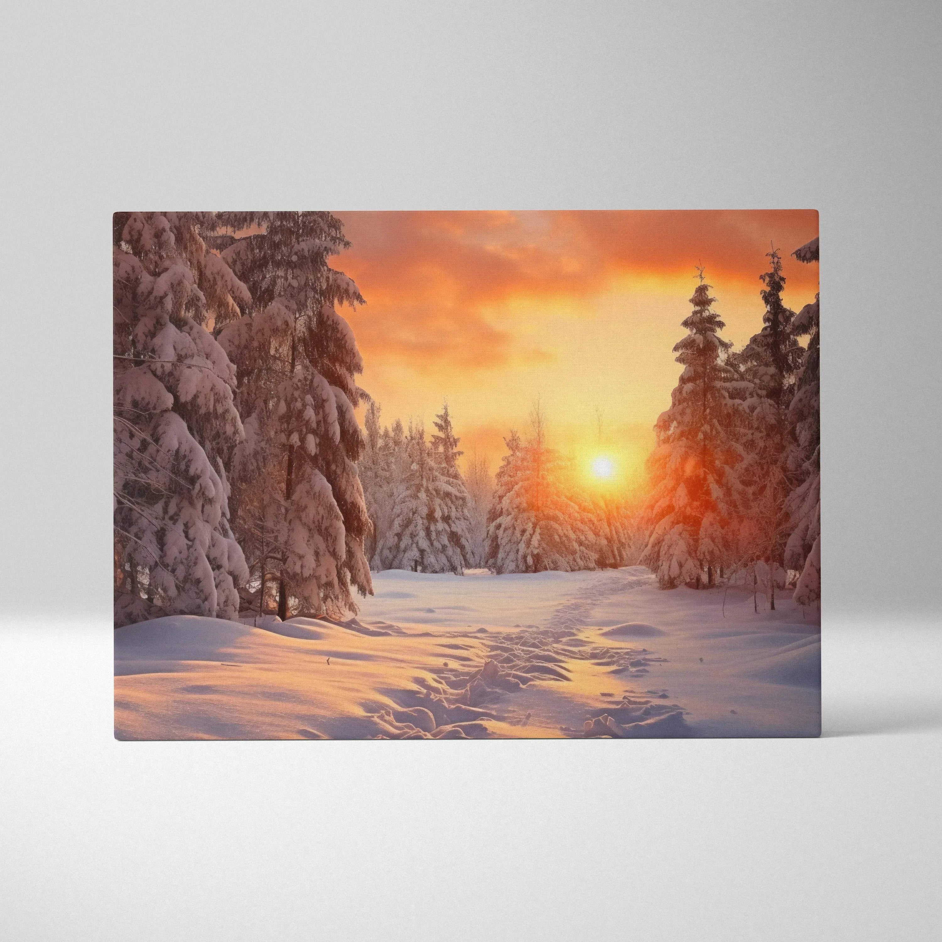 Canvas art print of a snowy winter forest at sunset with warm orange sky and snow-covered trees.
