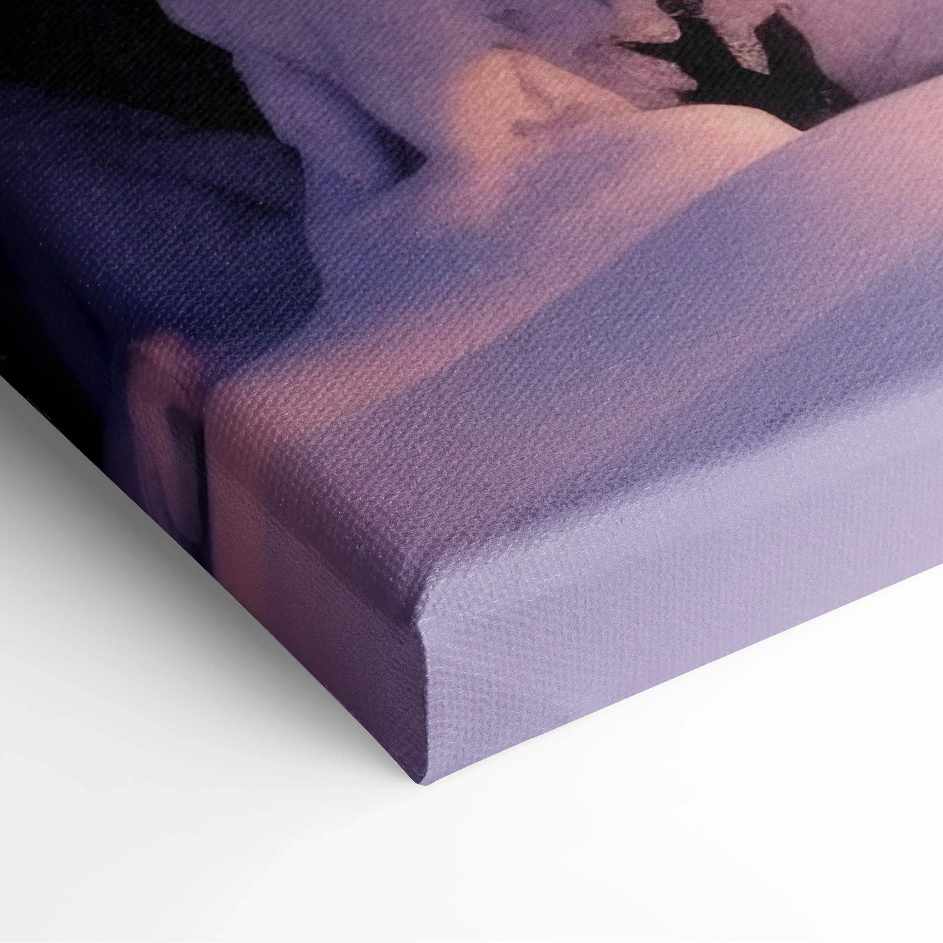 Canvas wall art print featuring a dreamy snowy landscape with soft purple and pink sunset hues.